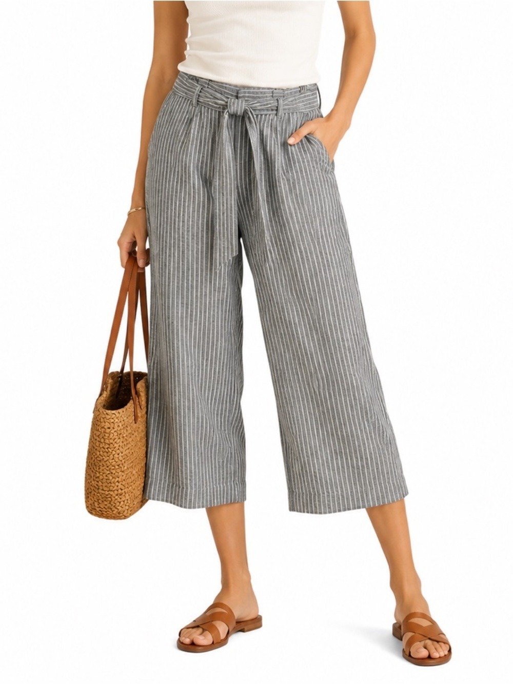 Banana Republic Pinstripe Wide Leg Tie Waist Cropped Trousers Blue Size 10